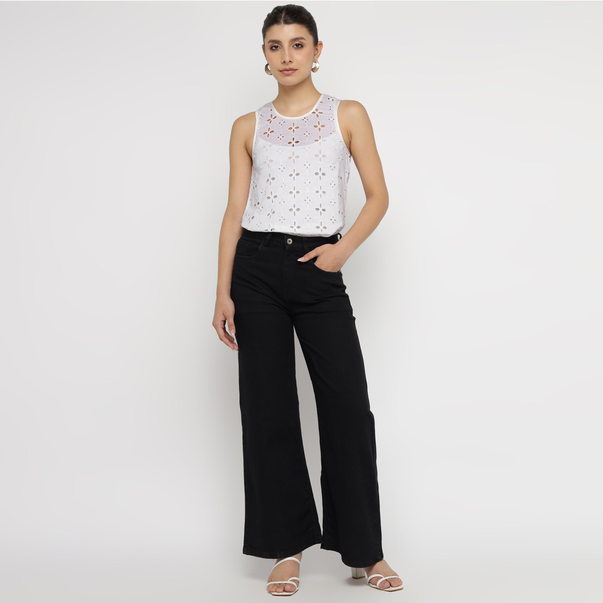 White Cotton Broderie Anglaise Sleeveless Top